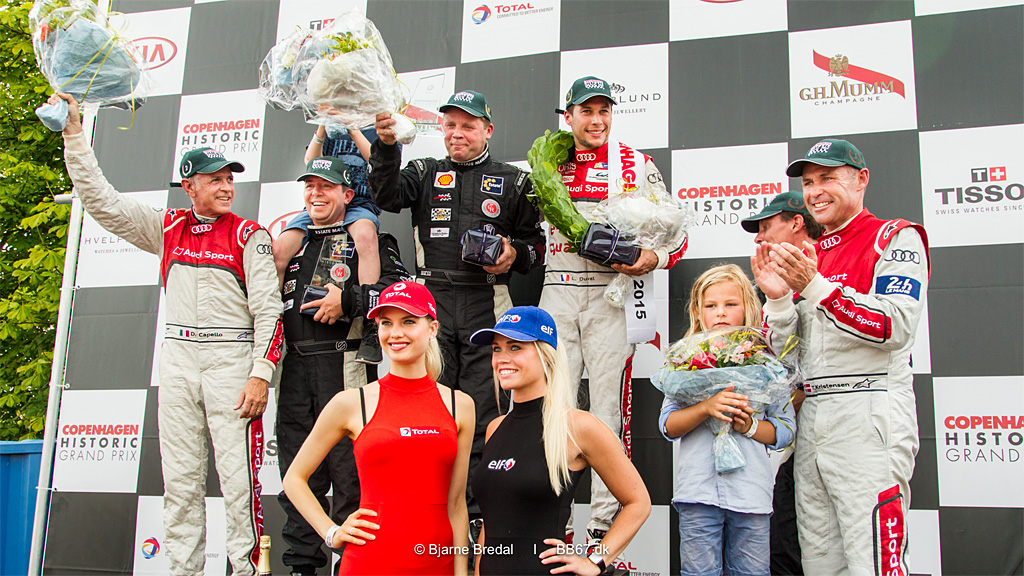 Podiet for Royal Pro/Am – Vinder i midten, Loïc Duval og Martin Berner. Til venstre, som nummer 2, Dindo Capello og Oscar Davidsen Siesbye. Som nummer tre, til højre, Tom Kristensen og H.K.H. Prins Joachim
(Foto: Bjarne Bredal)